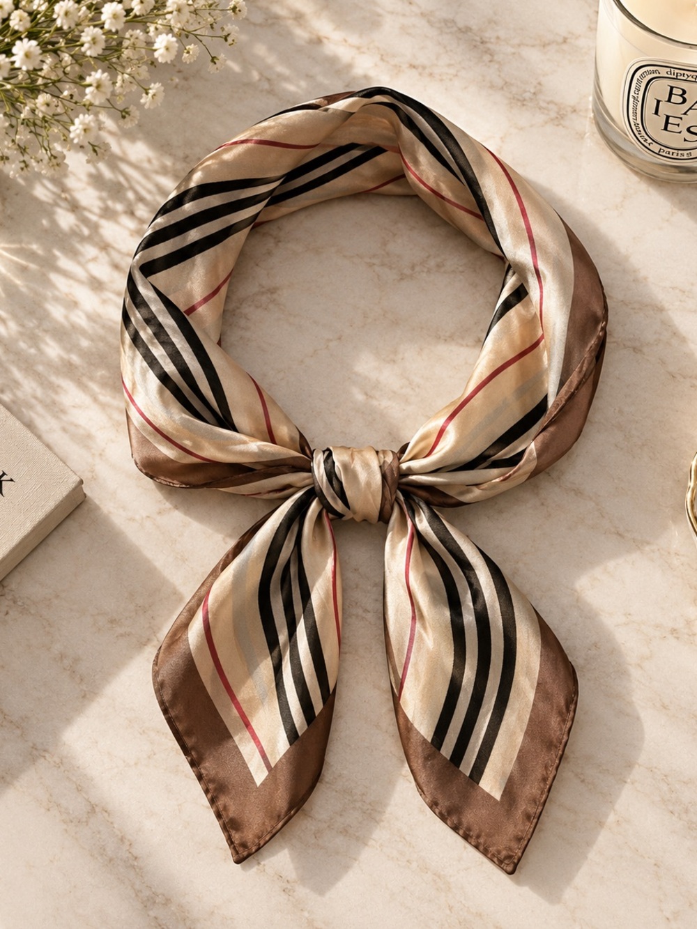 Silky-feel Striped Neck Scarf - Beige and Brown